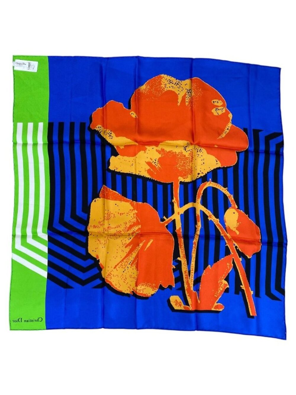 Dior Scarf Shawl D-flower Pop Silk 100% Blue Green Orange Gorgeous Feminine - Picture 6 of 8